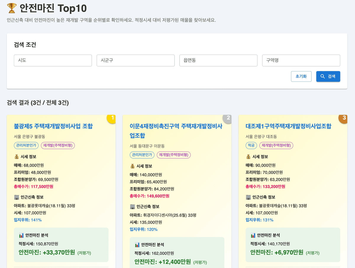 재개발 안전마진 서비스 화면