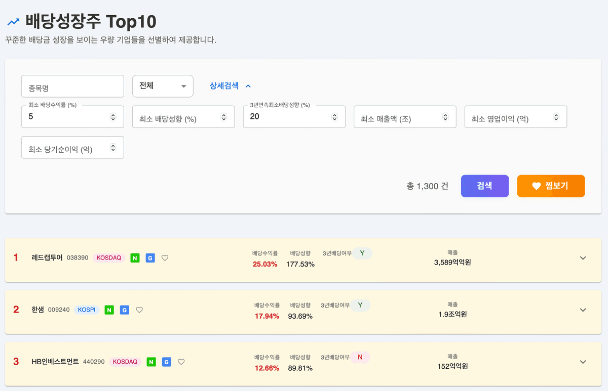 배당성장 필터링 서비스 화면